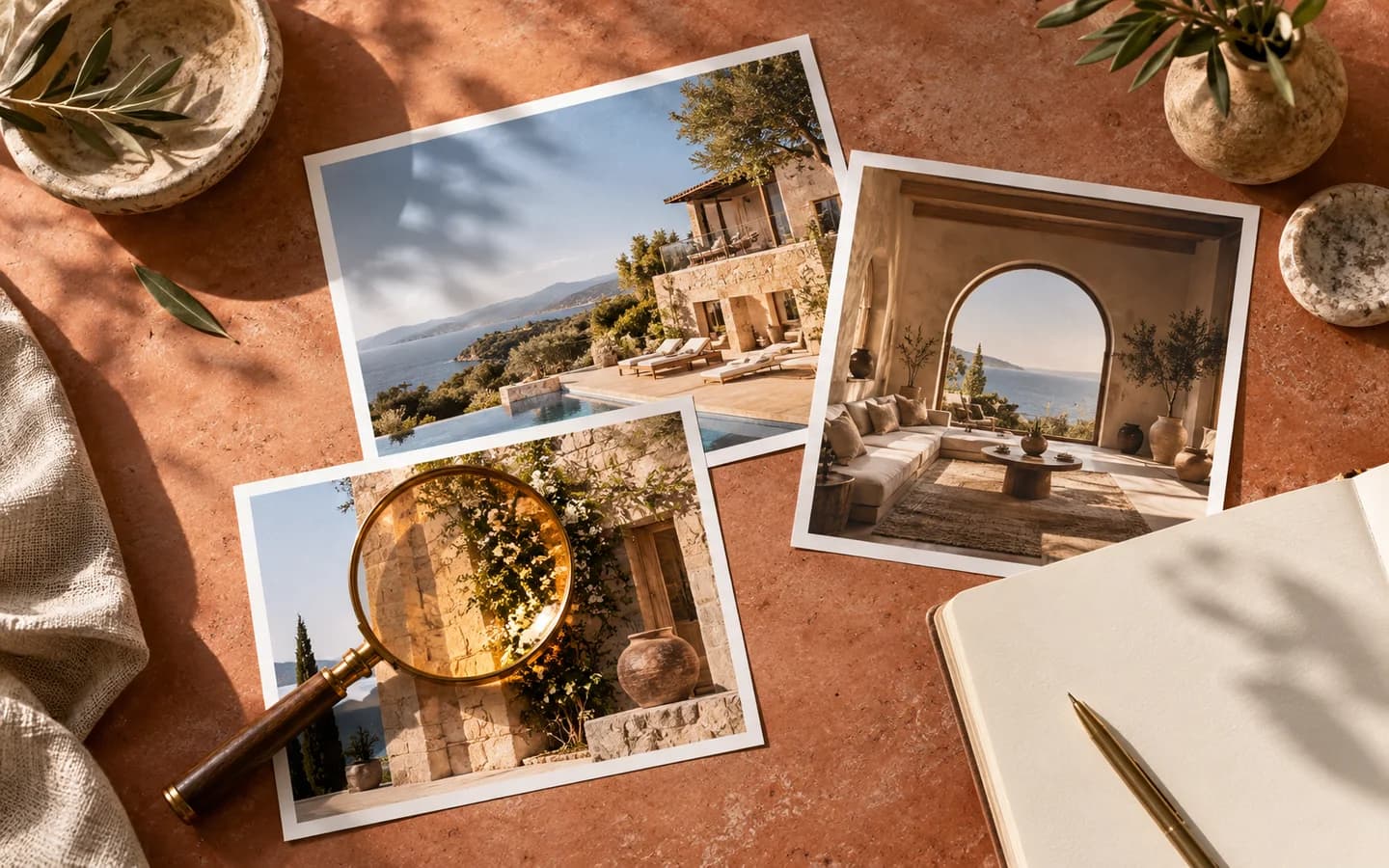 Property photographs, a notebook and a magnifying lens on a terracotta desk.
