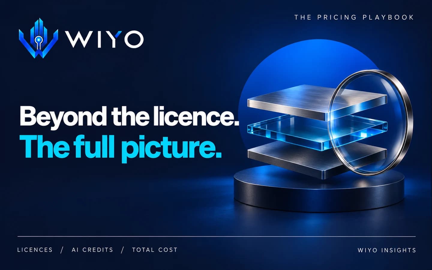 WIYO: Beyond the licence. The full picture. An elegant exploded stack of three thin brushed metal and blue glass plates floating slightly above a navy base, a polished optical lens reveals the layers.