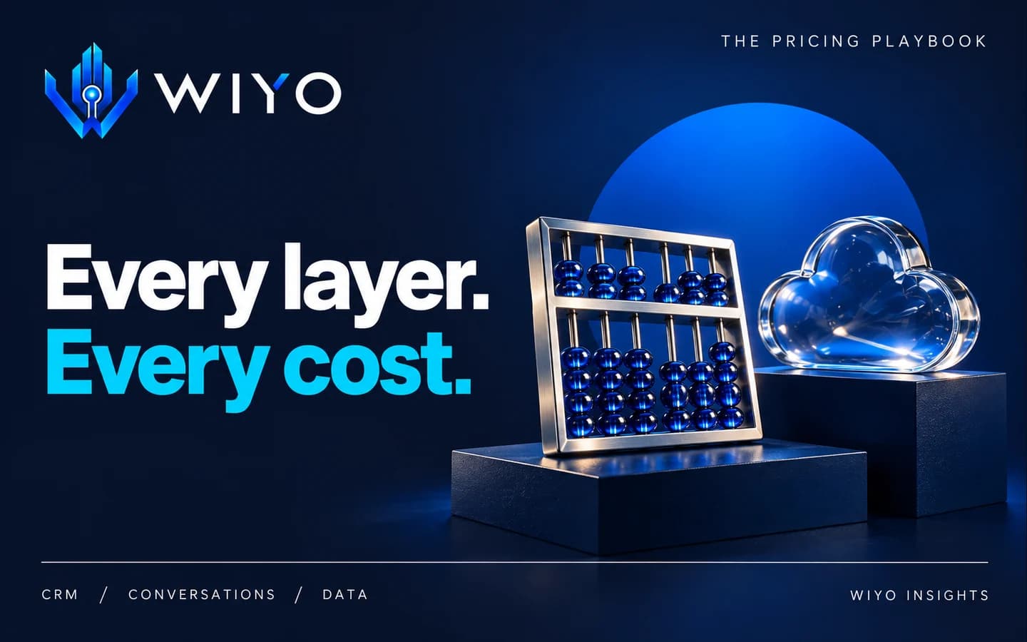 WIYO: Every layer. Every cost. A precision silver abacus with cobalt glass beads next to one elegant glass cloud sculpture on a navy plinth.