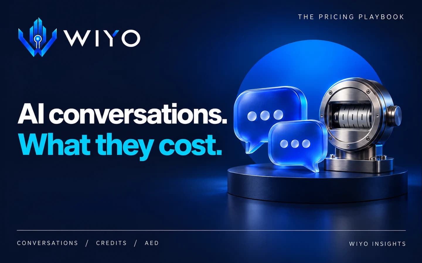 WIYO: AI conversations. What they cost. Two frosted cobalt conversation bubbles beside a precision silver mechanical usage meter on a navy pedestal.