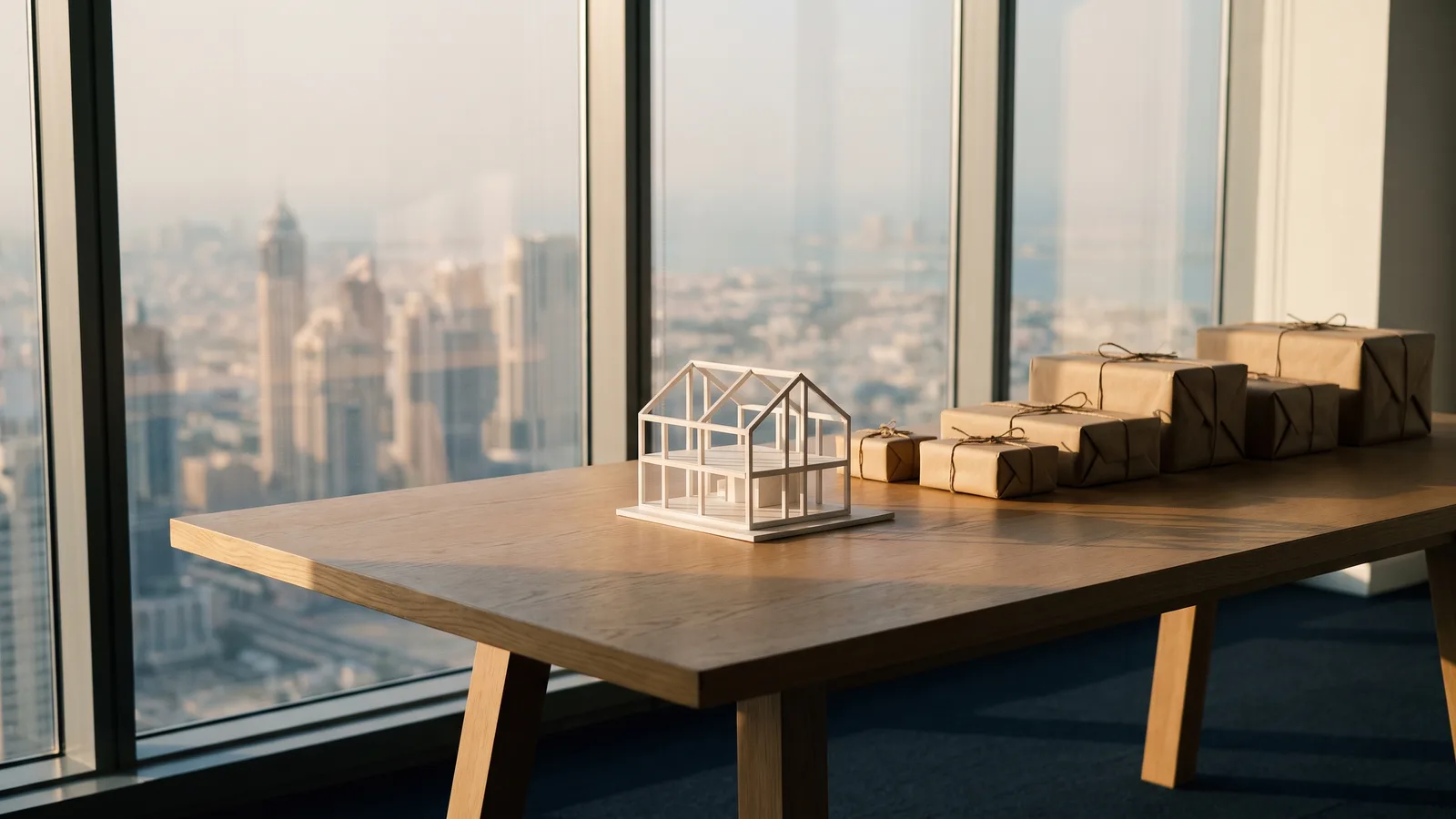 A white model of a bare house frame on an oak table beside a row of kraft-paper parcels growing in size, Dubai towers behind the window