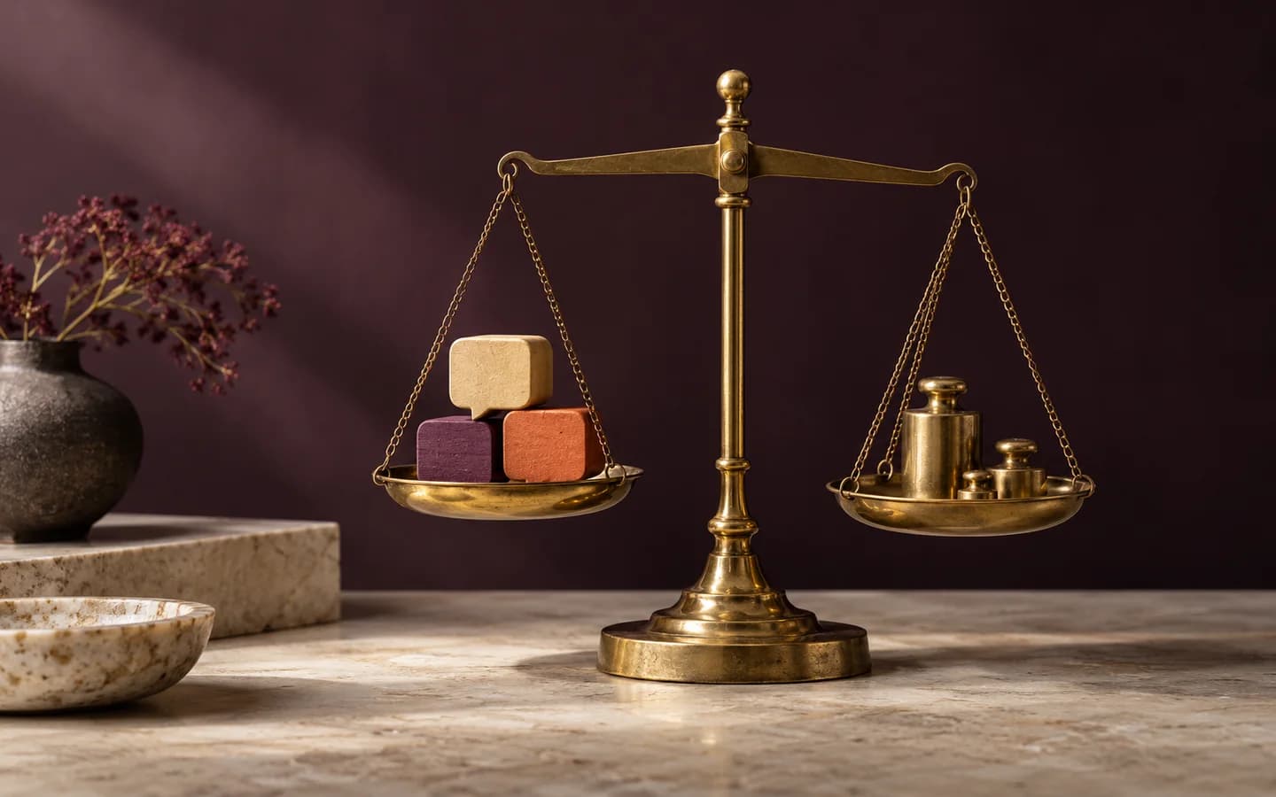 Coloured conversation tiles and brass weights on a balance scale.