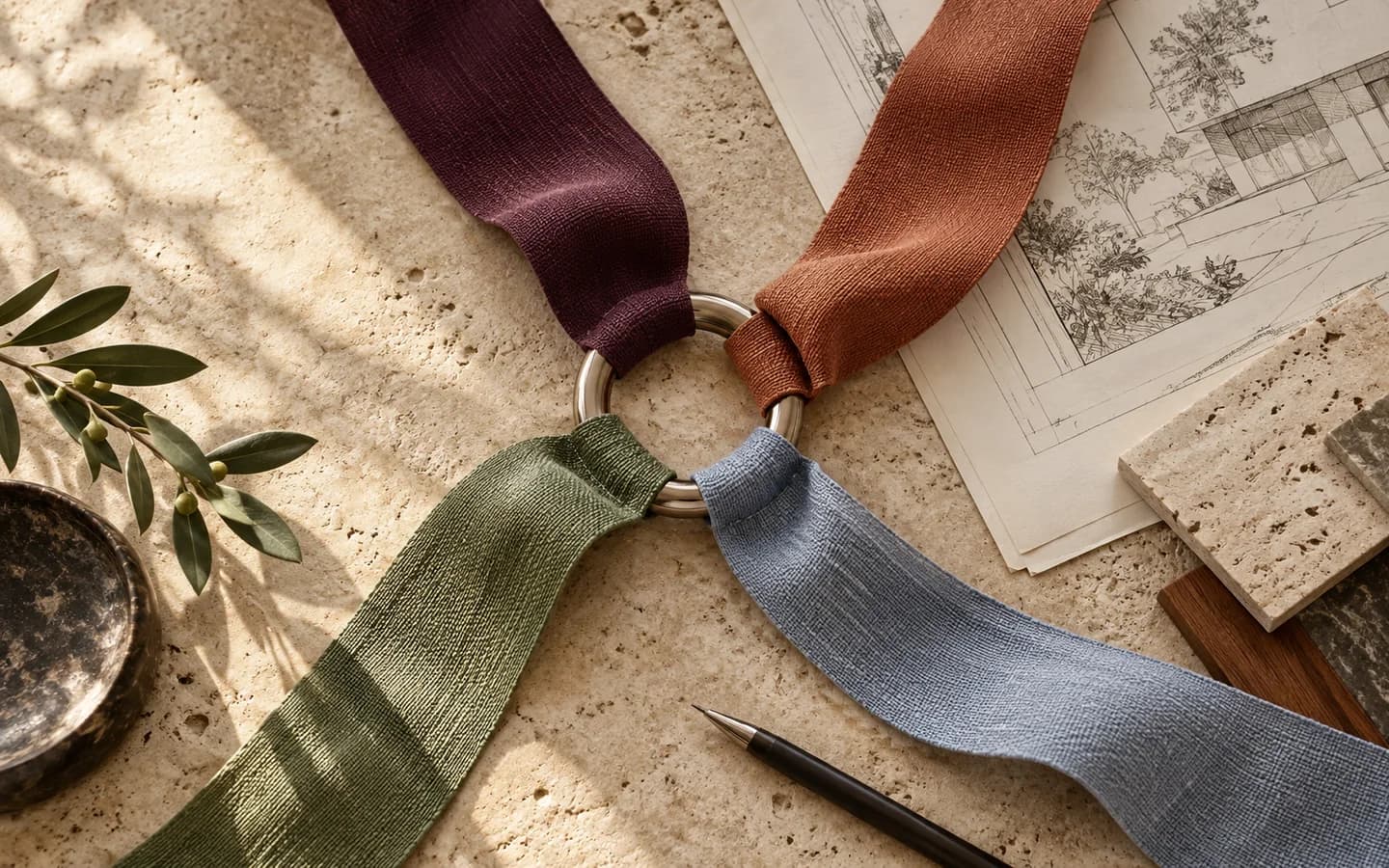 Four coloured ribbons gathered through a metal ring beside architectural drawings.