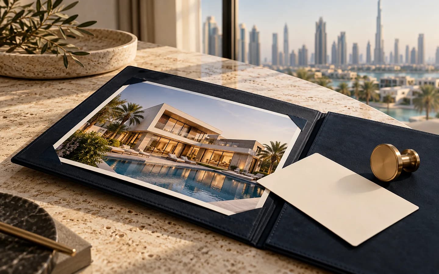A villa photograph, blank permit card and brass seal in a navy property folio.