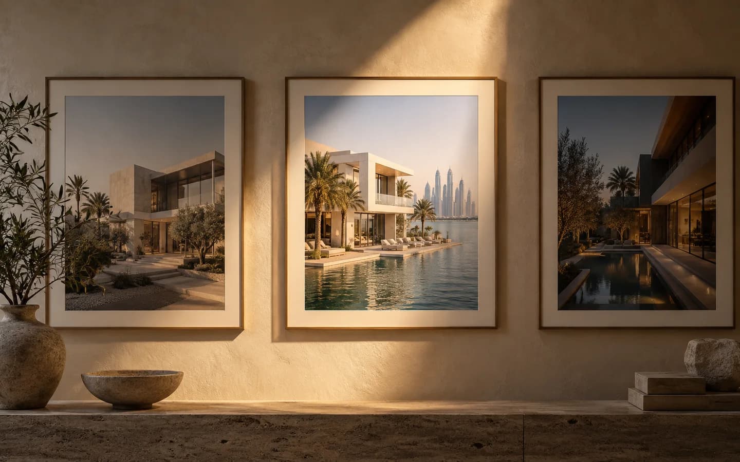 Sunlight highlights one villa photograph among three property photographs.