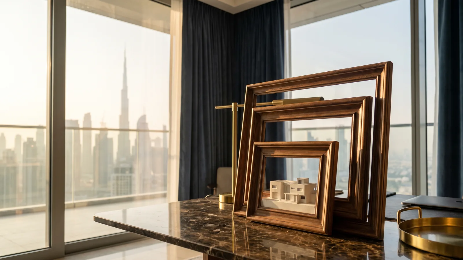 Three nested walnut picture frames on a marble table, the smallest holding a white model villa, the Dubai skyline behind.