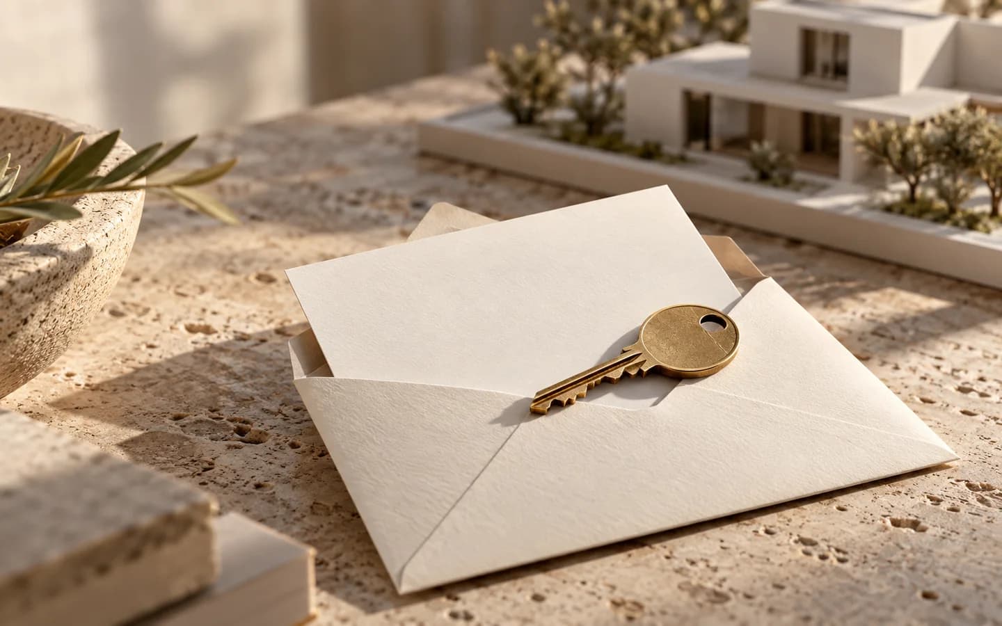 A brass property key rests on an open ivory envelope beside a tower model.